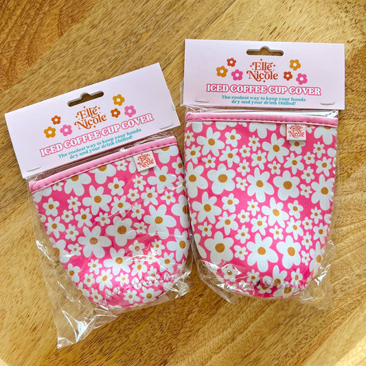 Coffee Cup Cover - Pink Daisy - Iced Drink Sleeve: Small / 16oz