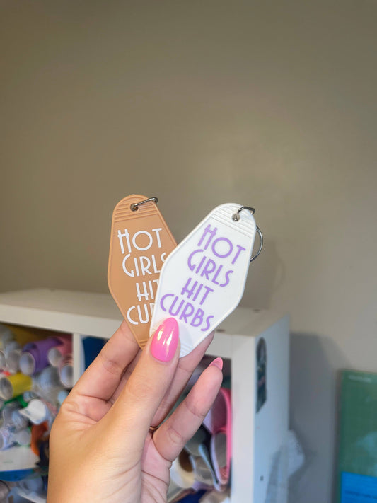 Hot Girls Hit Curbs Retro Motel Keychain: Coffee