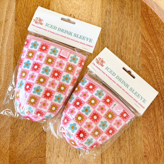 Coffee Cup Cover - Checkered Floral - Iced Drink Sleeve: Large / 24oz