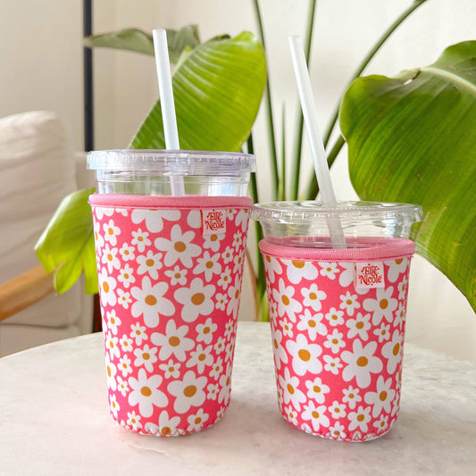 Coffee Cup Cover - Pink Daisy - Iced Drink Sleeve: Small / 16oz