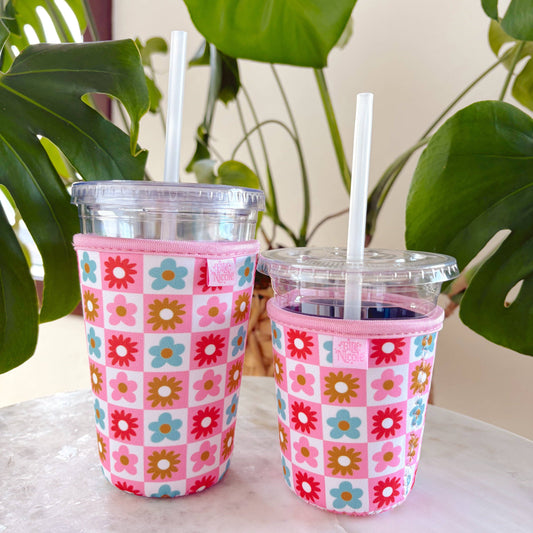 Coffee Cup Cover - Checkered Floral - Iced Drink Sleeve: Small / 16oz