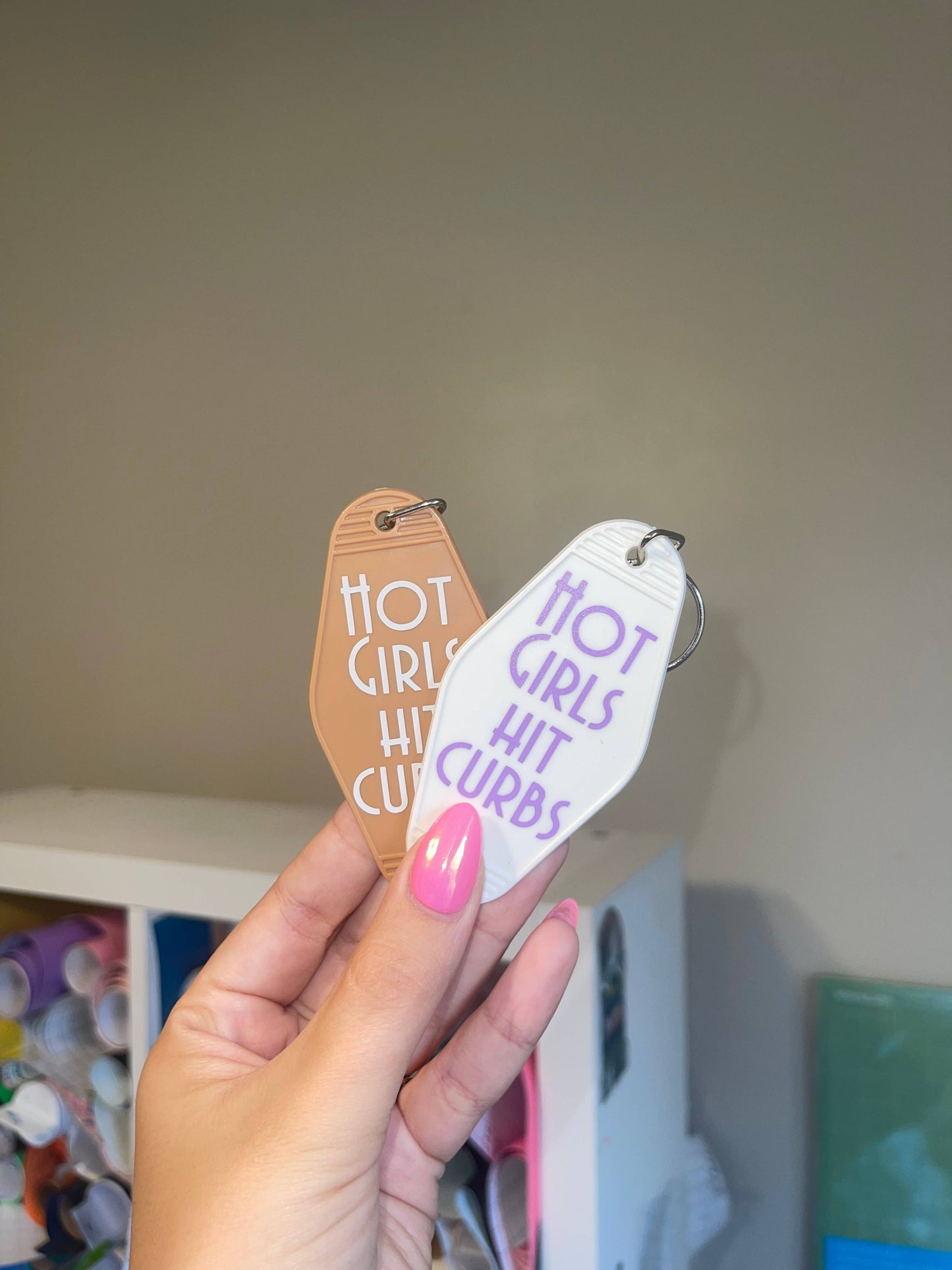 Hot Girls Hit Curbs Retro Motel Keychain: Coffee