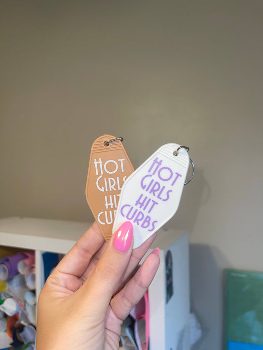 Hot Girls Hit Curbs Retro Motel Keychain: Coffee